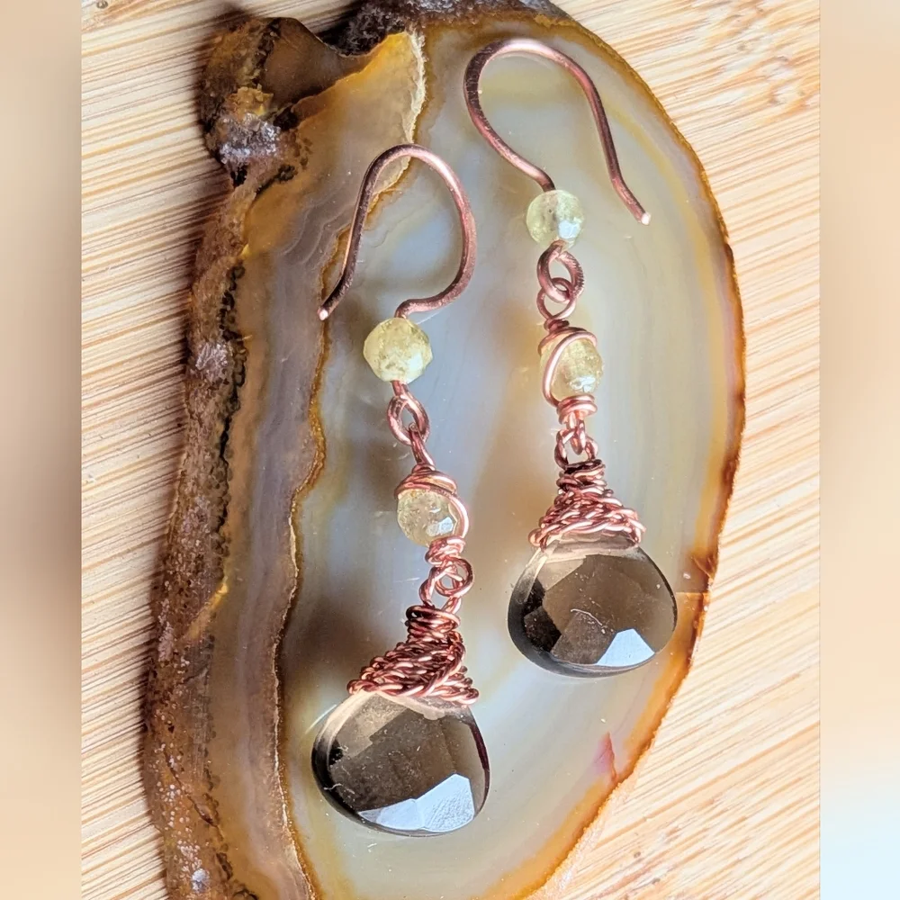 Smokey Quartz Earrings Green Garnet Accents Dangle Drop Artisan Handmade - Picture 5 of 12